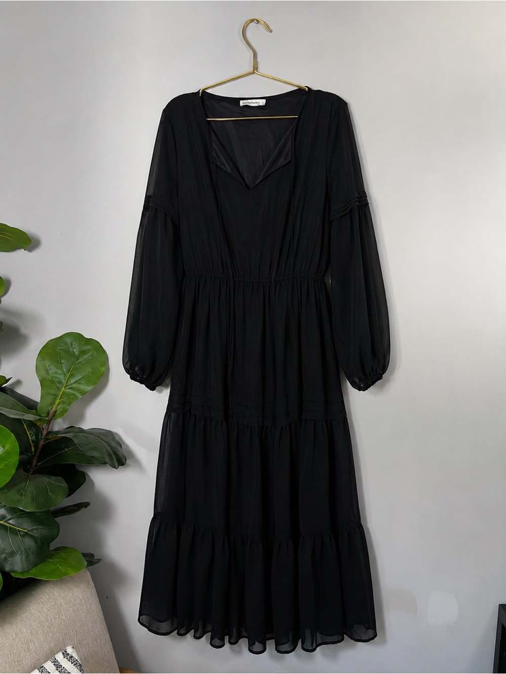 RustyyDustty Women's Black Long-Sleeve Tiered Midi Dress